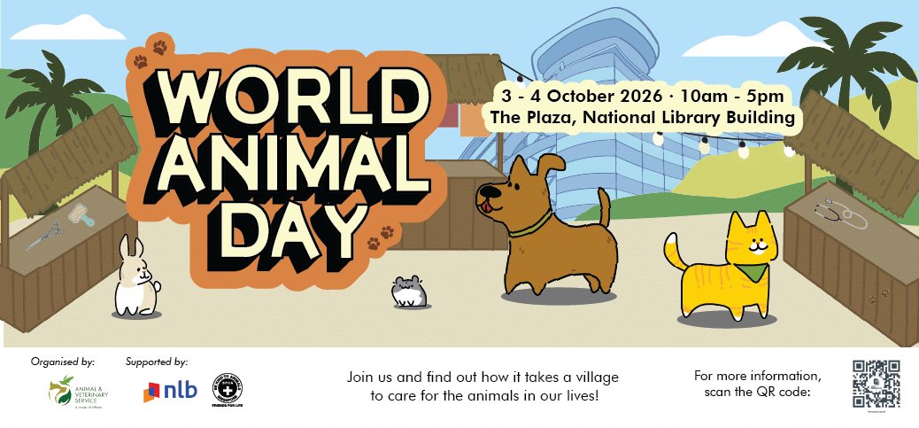 A banner with the words World Animal Day, featuring illustrated animals at a village